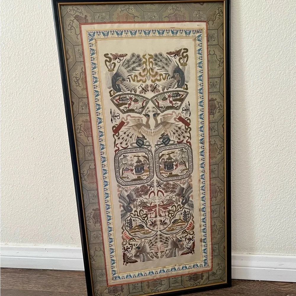 Vintage Chinese Silk Embroidery Panel 26x13